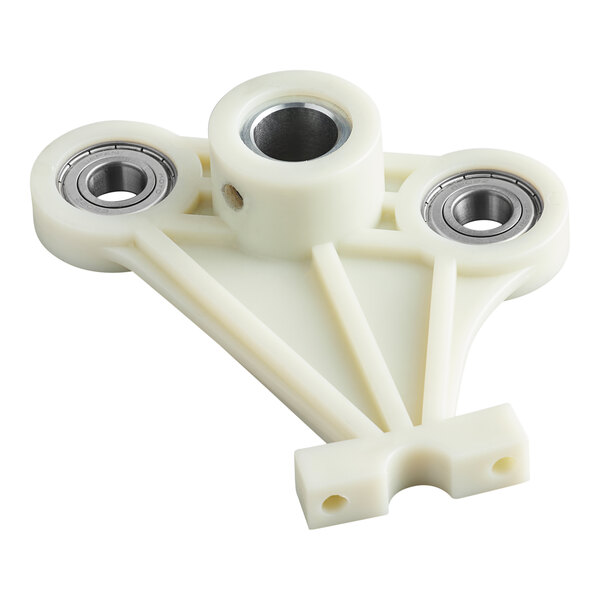 A white plastic replacement seat with three embedded bearings designed for countertop bread slicers.