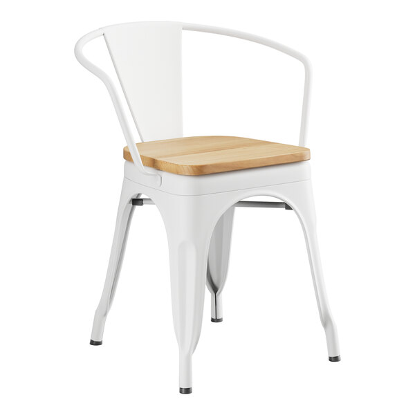 A white Lancaster Table & Seating arm chair with a natural wood seat.