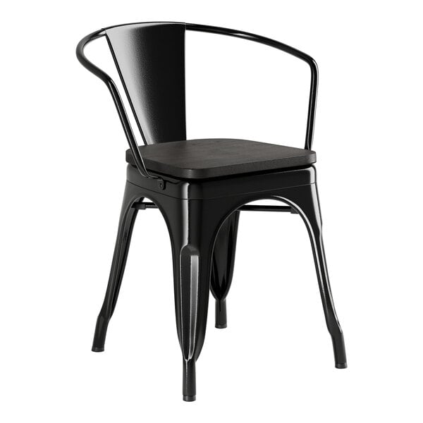 A black Lancaster Table & Seating metal arm chair with a black wood seat.