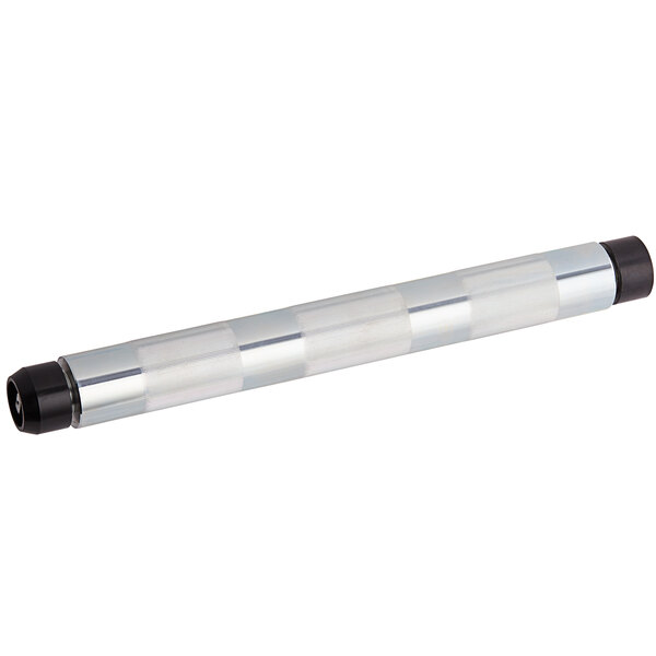 A metal rod with black and silver plastic ends.