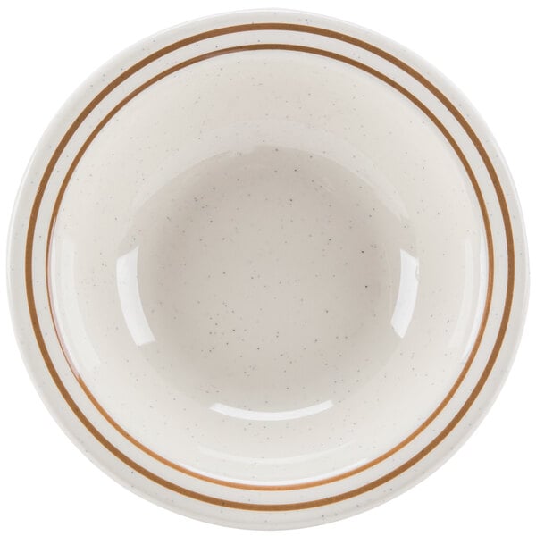 A white bowl with brown lines.