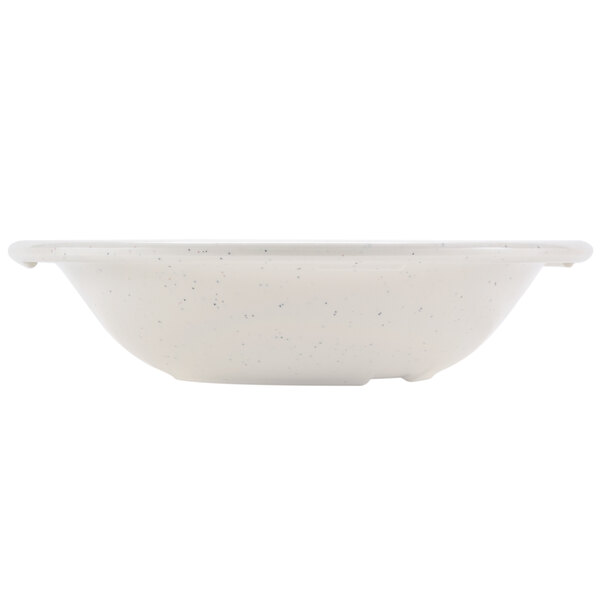 A white Thunder Group melamine bowl with speckled edges.