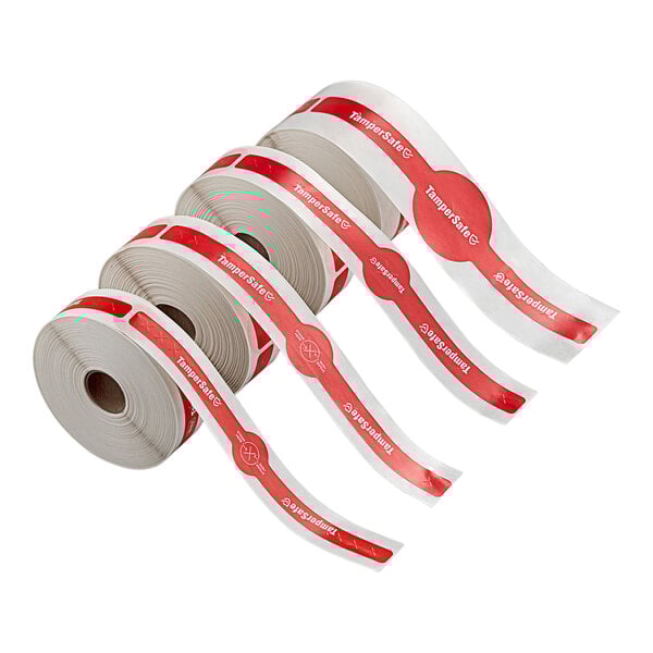 A roll of TamperSafe red and white customizable drink labels with bands.