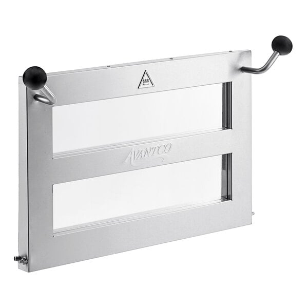 A silver metal frame with a black handle for an Avantco countertop pizza oven.