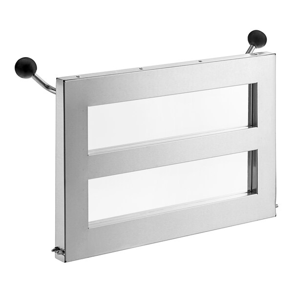 A stainless steel Avantco door assembly with black handles and glass panels.