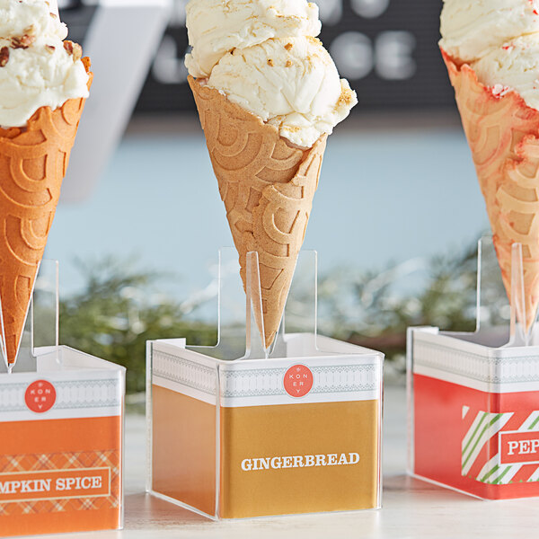 A row of Konery gingerbread ice cream cones on display.