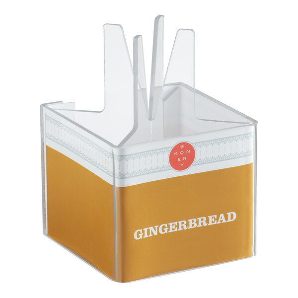 A clear plastic stand labeled 'Gingerbread' designed to hold waffle cones.
