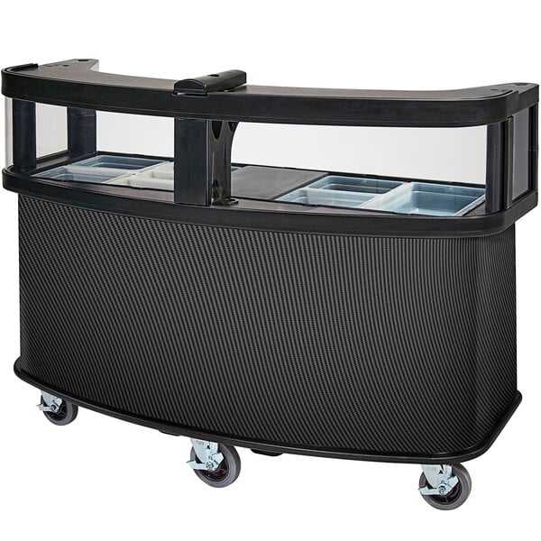 A black Cambro vending cart with glass windows.