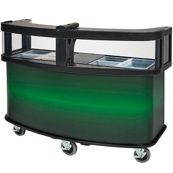 A black and green Cambro vending cart with clear windows on top.