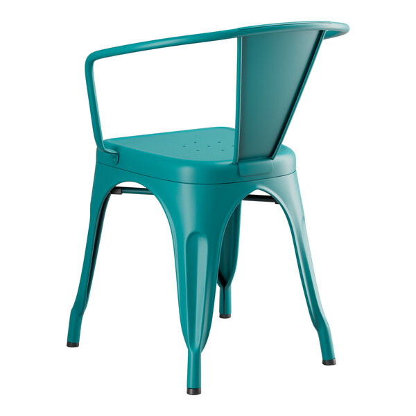 A teal metal Lancaster Table & Seating outdoor arm chair with a backrest.