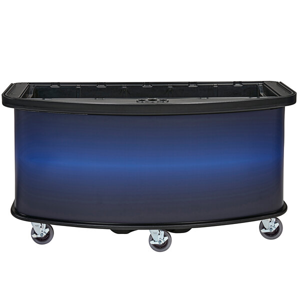 A black Cambro vending cart with blue laminated wrap on the front.