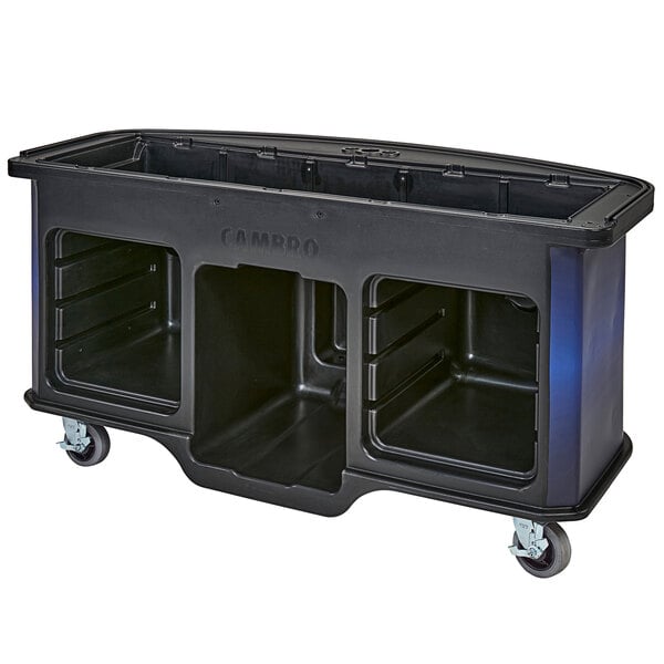 A black Cambro open well vending cart with wheels.