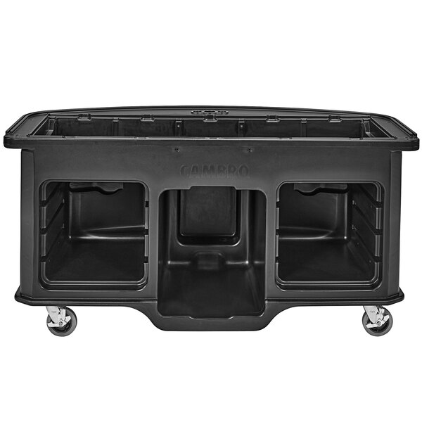 A black Cambro vending cart with carbon fiber laminated wrap and wheels.
