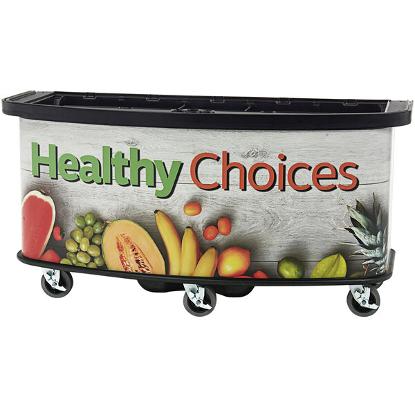 A Cambro vending cart with a "Healthy Choices" sign and fruits and vegetables on it.