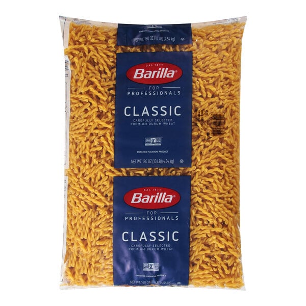 A bag of Barilla Gemelli pasta with white text.