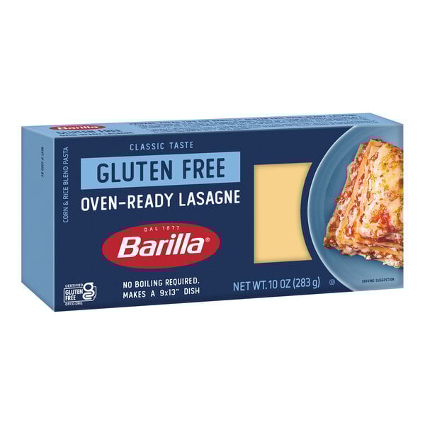 A blue box of Barilla Gluten-Free Oven-Ready Lasagna Pasta.