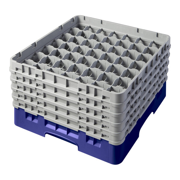 A navy blue plastic Cambro glass rack with white extenders.
