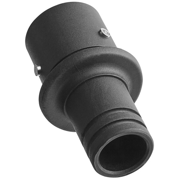 A black pipe sleeve connector with a threaded end.