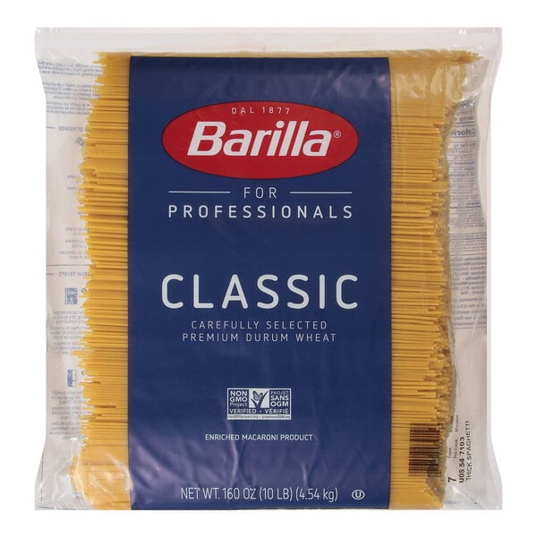 A package of Barilla Thick Spaghetti pasta on a white background.