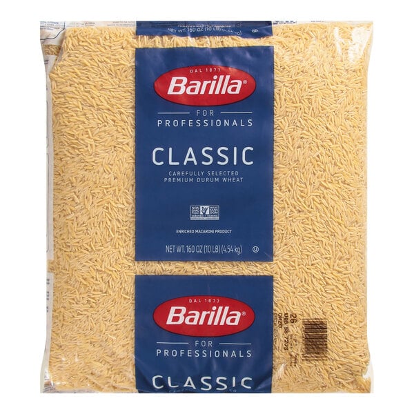 A bag of Barilla Orzo Pasta with white text.