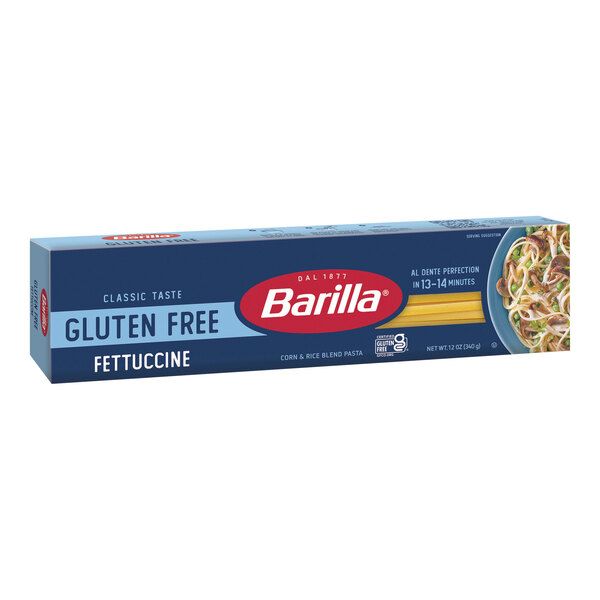 A blue box of Barilla gluten-free fettuccine pasta with a red and white logo.