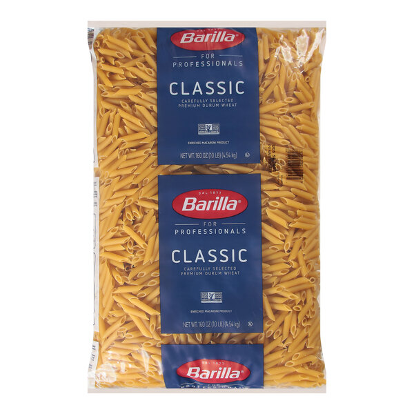 A 20 lb bag of Barilla Penne Rigate pasta with blue and white packaging.