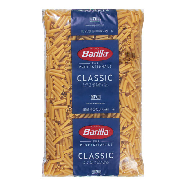 A 20 lb. bag of Barilla Cut Ziti Pasta with blue and white packaging.