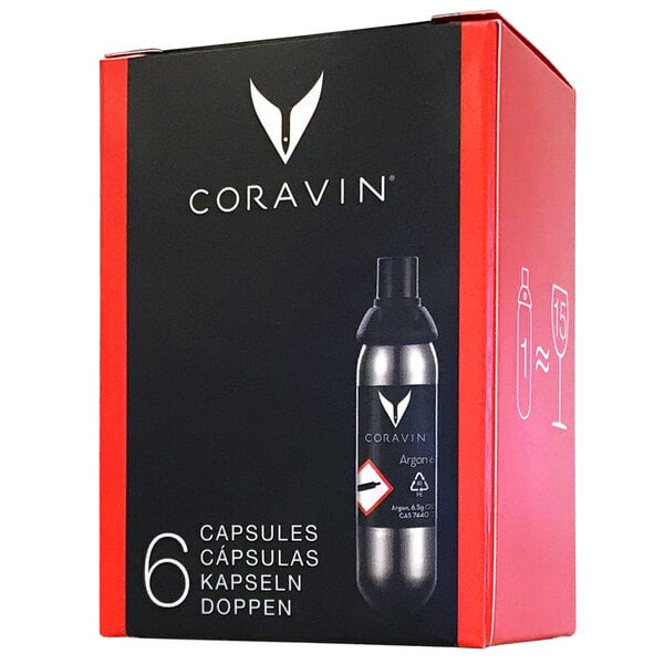 A red and white box containing 6 Coravin wine dispensing system capsules.