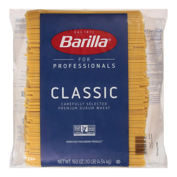 A package of Barilla Classic Fettuccine Pasta.
