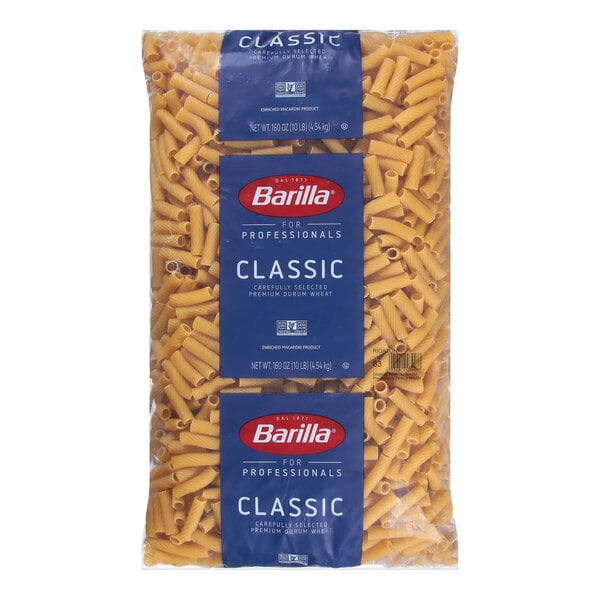 A bag of Barilla Rigatoni pasta with white text and a blue label.