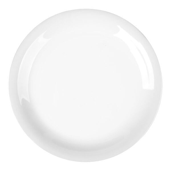 A white, round, narrow rim melamine salad plate.