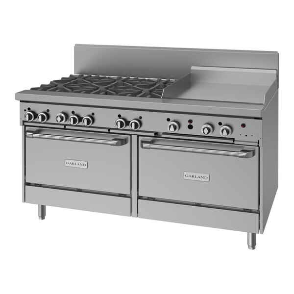 Garland GF60-6G24RR Liquid Propane 6 Burner 60" Range with Flame Failure Protection, 24" Griddle, and 2 Standard Ovens - 256,000 BTU
