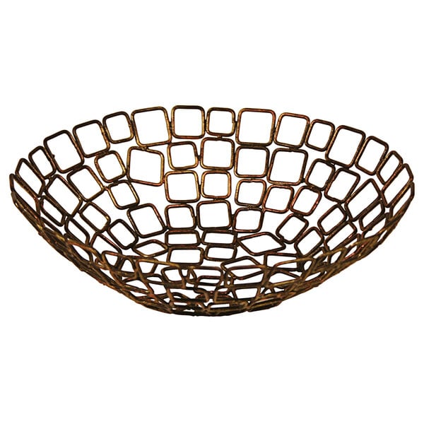 A coppered wire basket with a geometric design.