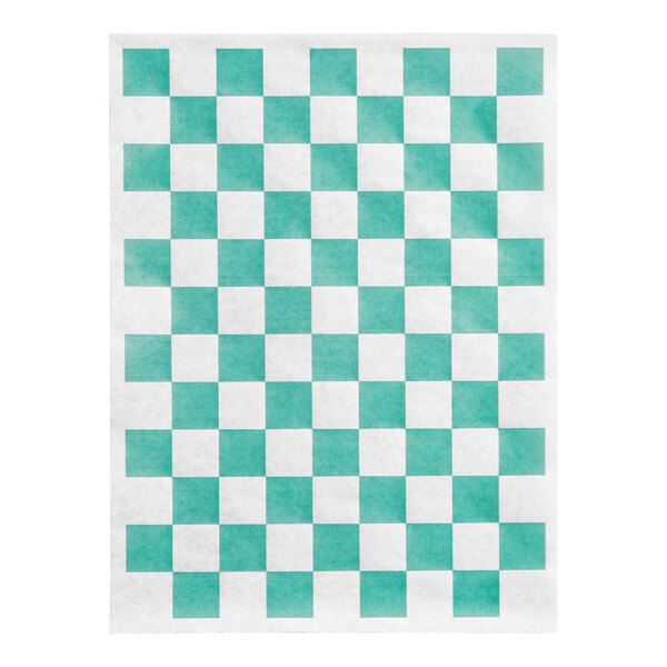 A rectangular sheet of deli sandwich wrap paper with a green and white checkered pattern.