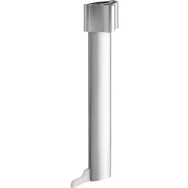 A silver tube with a white cylinder on top.