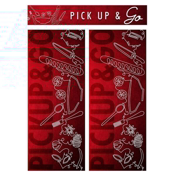 Two red banners with white outlined words "Pick Up & Go" and white line drawings of a car and utensils.