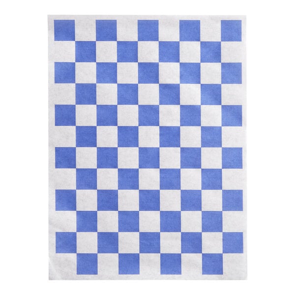 A 9 x 12 inch blue and white checkered basket liner or deli sandwich wrap paper.