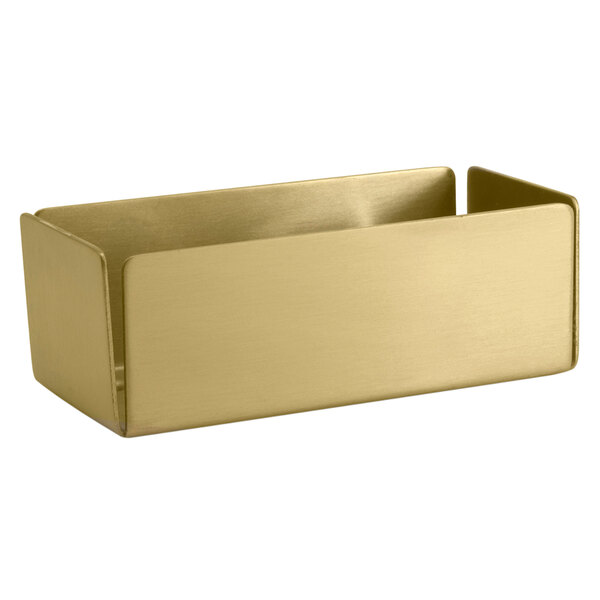 A matte brass rectangular sugar caddy with a handle.