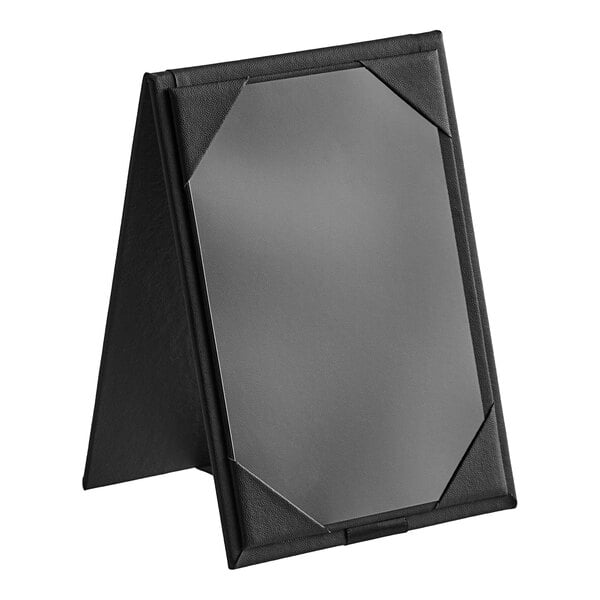 A black H. Risch, Inc. table tent with black picture corners.