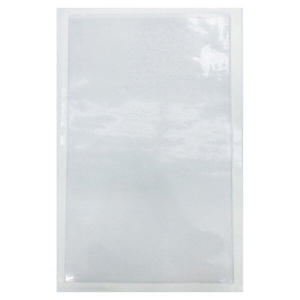 A white rectangular H. Risch, Inc. sticky back vinyl page protector with adhesive.