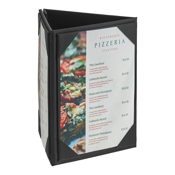 A black H. Risch, Inc. table tent with picture corners holding a menu with a picture of food on a table in an Italian restaurant.