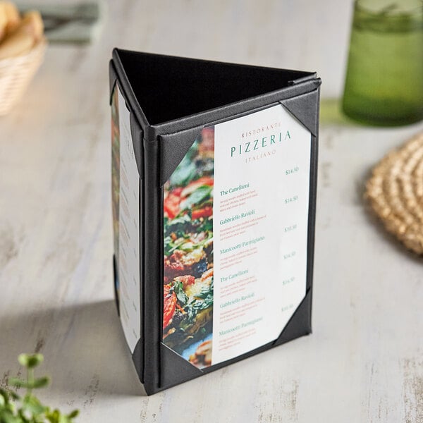 A H. Risch, Inc. three-sided menu table tent on a table in an Italian restaurant.