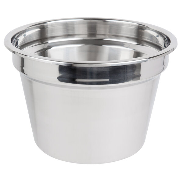 A Vollrath stainless steel soup inset with a lid.