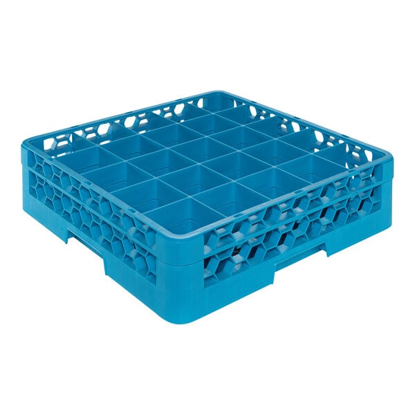 A blue plastic glass rack with 25 compartments and one extender, used for washing and transporting glassware.
