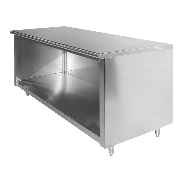 A stainless steel Advance Tabco cabinet base work table with a shelf.