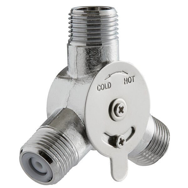 A stainless steel manual mixing valve with check valves and a white knob.