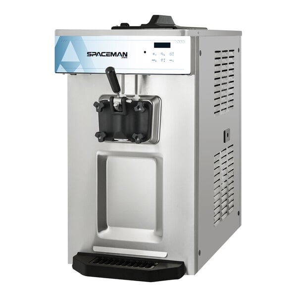 A countertop soft serve ice cream machine with a pressurized air pump, single hopper, and one dispenser.