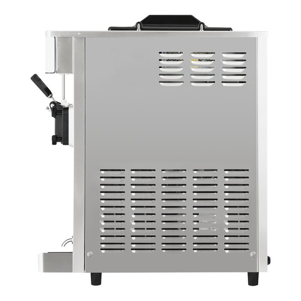 A countertop soft serve ice cream machine with a pressurized air pump, one hopper, and one dispenser.