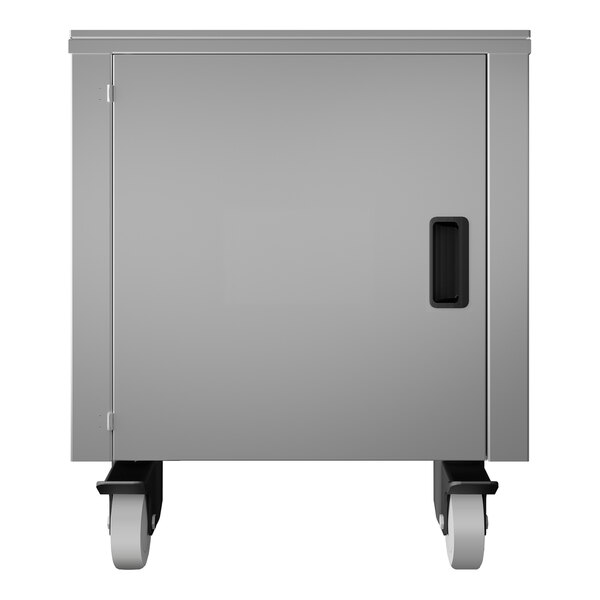 A stainless steel cart with a storage cabinet and wheels, designed for use with countertop machines.