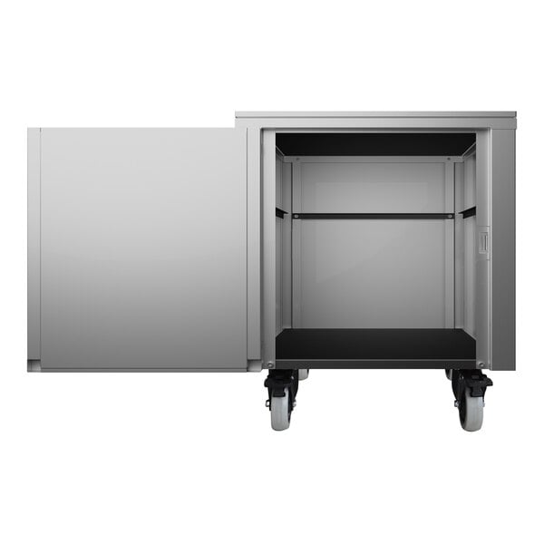 A stainless steel cart with a storage cabinet and wheels, designed for countertop machines.